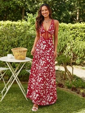 SHEIN Red Floral Cutout Tie-Front Maxi Dress